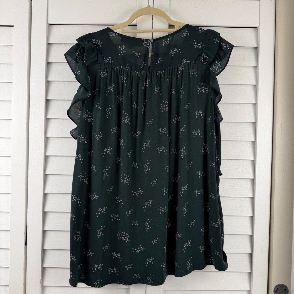 LOFT Flutter Sleeve Top Women XXL Green Floral Ruffle Blouse - Picture 6 of 14
